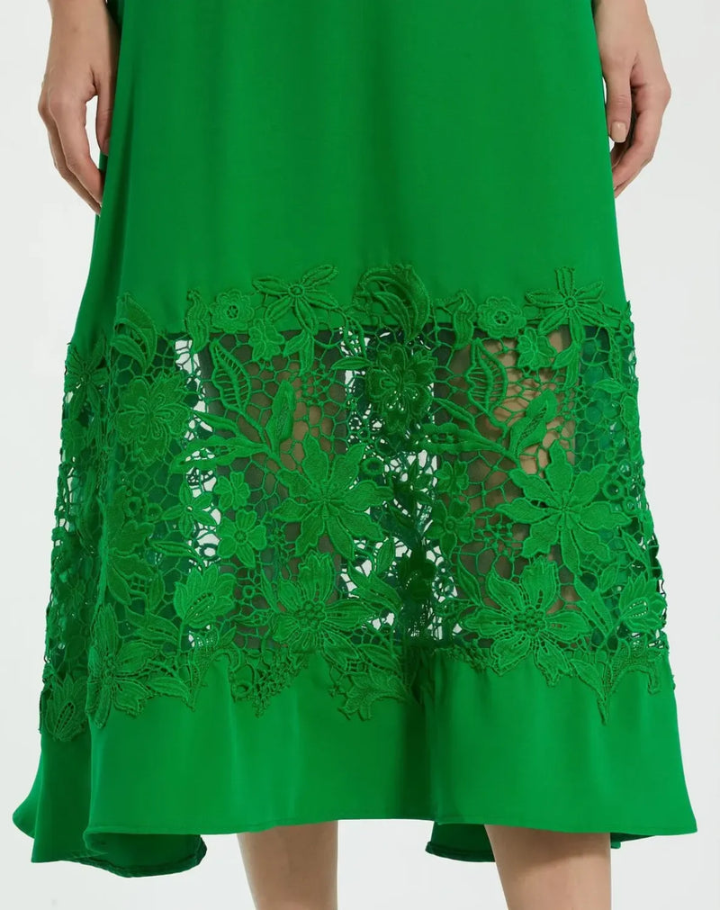 Green Crepe Boat Neck Midi Dress With Applique Cut Out by Mac Duggal in green color for women in Singapore