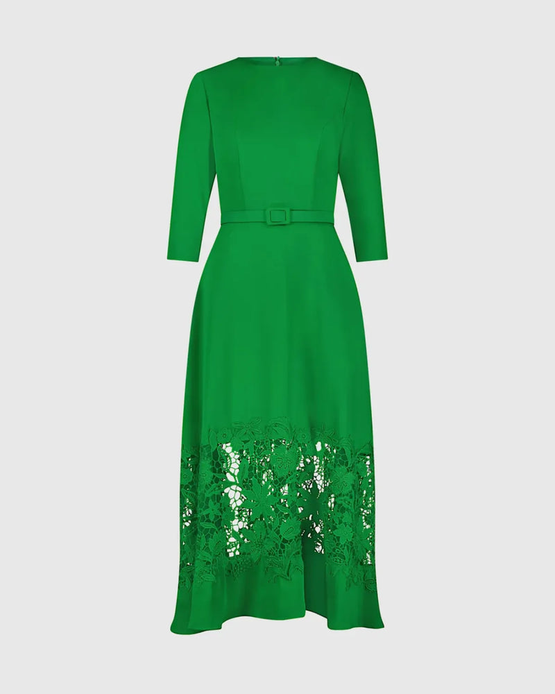 Green Crepe Boat Neck Midi Dress With Applique Cut Out by Mac Duggal in green color for women in Singapore