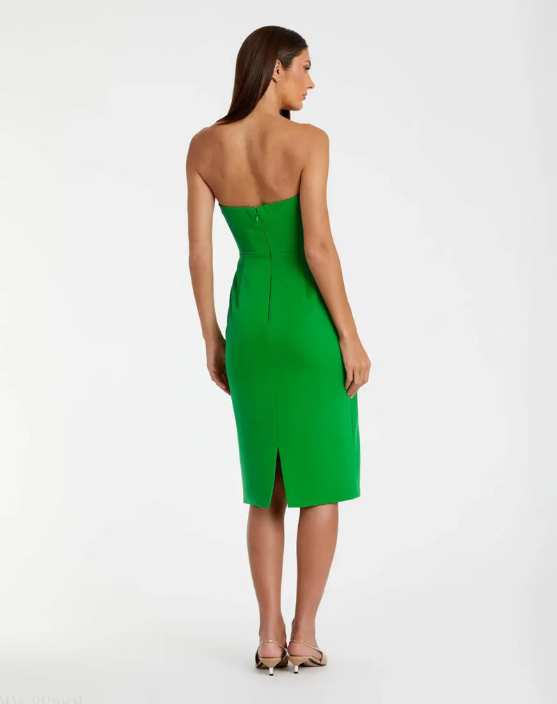 Green Crepe Strapless Twist Top Fitted Midi Dress by Mac Duggal in green color for women in Singapore