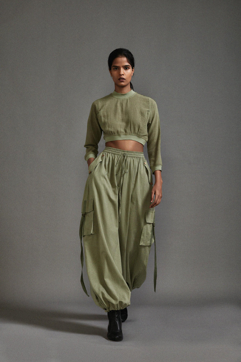 Green Crop Top and Cargo Set cotton by Mati in green color for women in Singapore