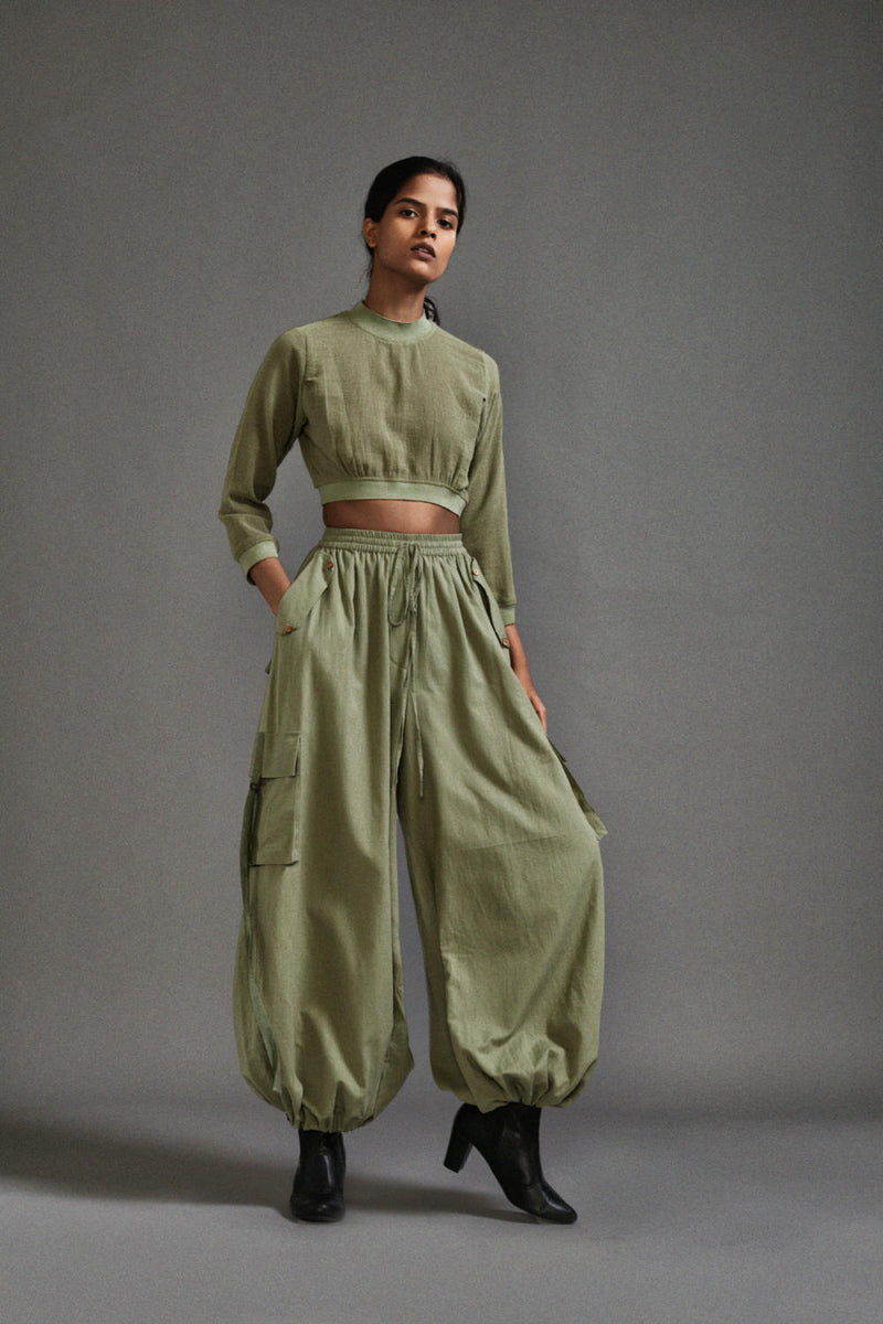Green Crop Top and Cargo Set cotton by Mati in green color for women in Singapore
