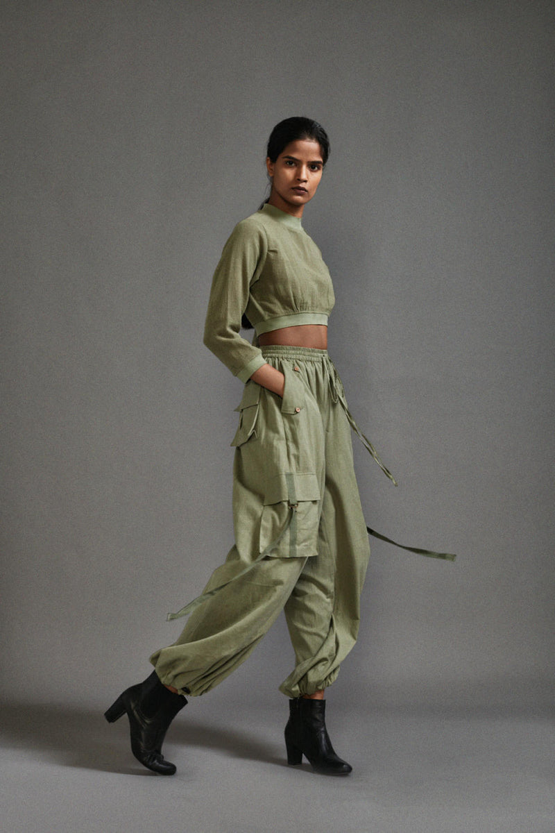 Green Crop Top and Cargo Set cotton by Mati in green color for women in Singapore