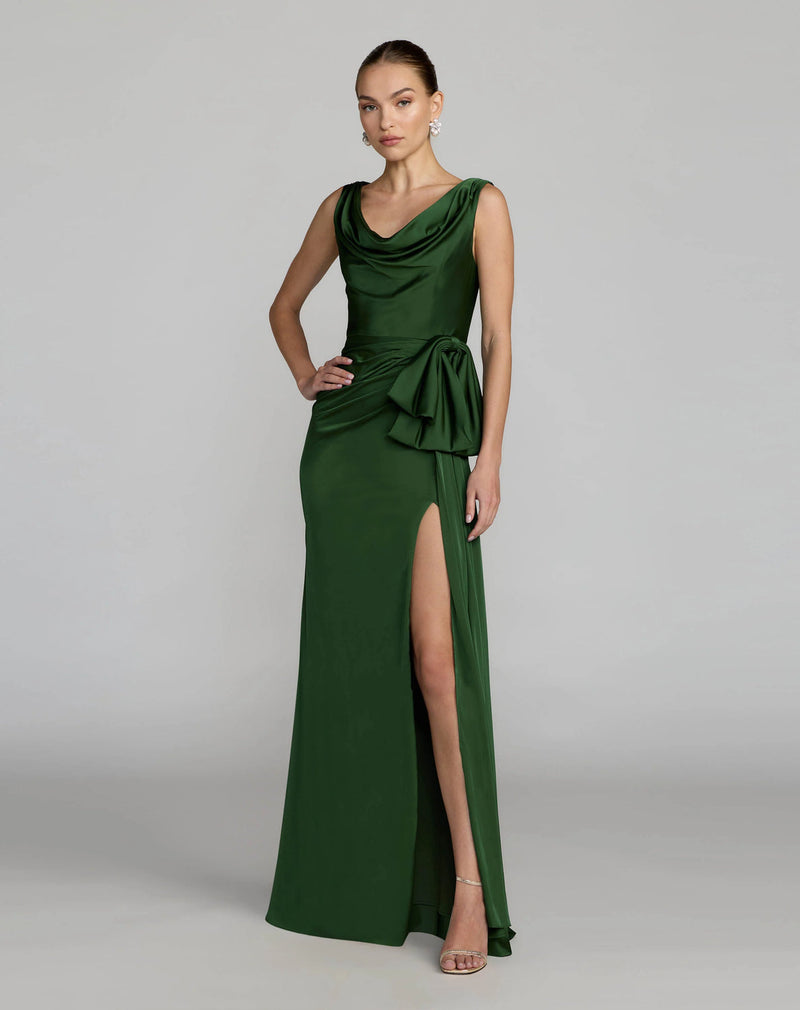 56230-Green Draped Cowl Neck Gown with Side Slit polyester evening-gowns by Mac Duggal in green for women in Singapore
