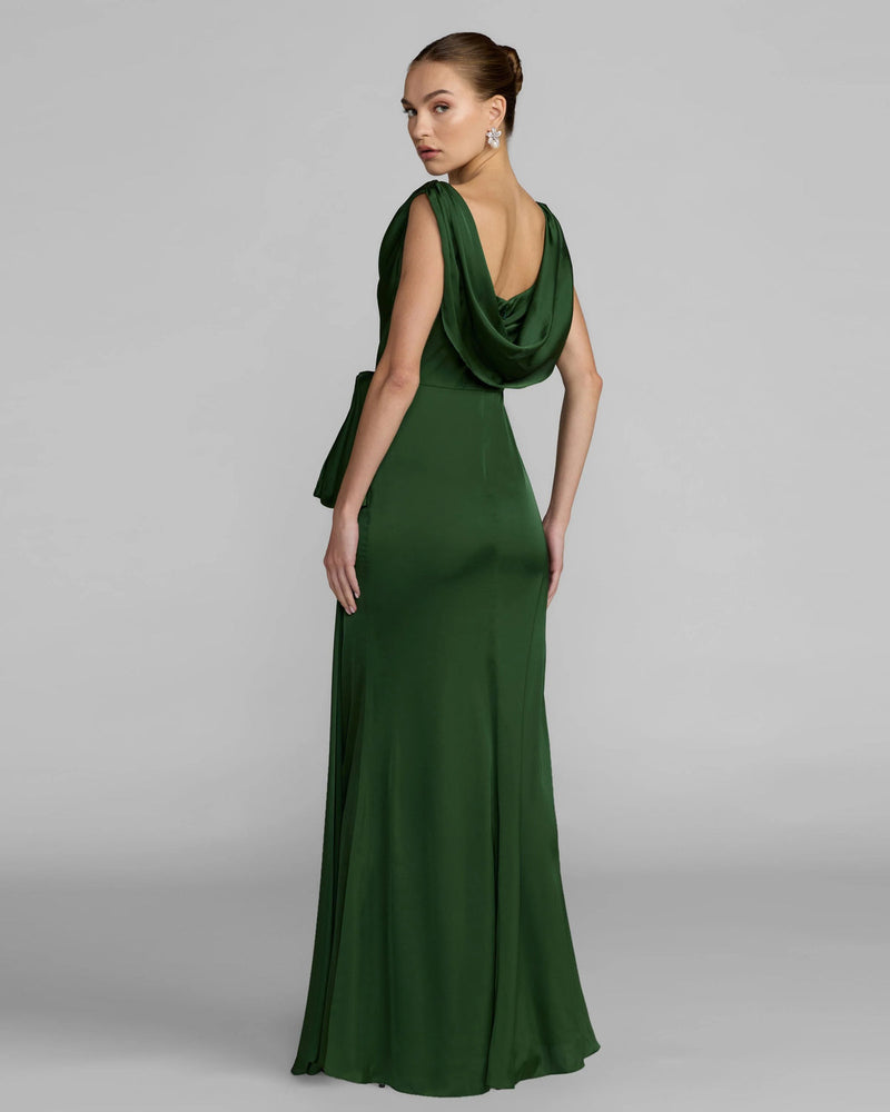 56230-Green Draped Cowl Neck Gown with Side Slit polyester evening-gowns by Mac Duggal in green for women in Singapore