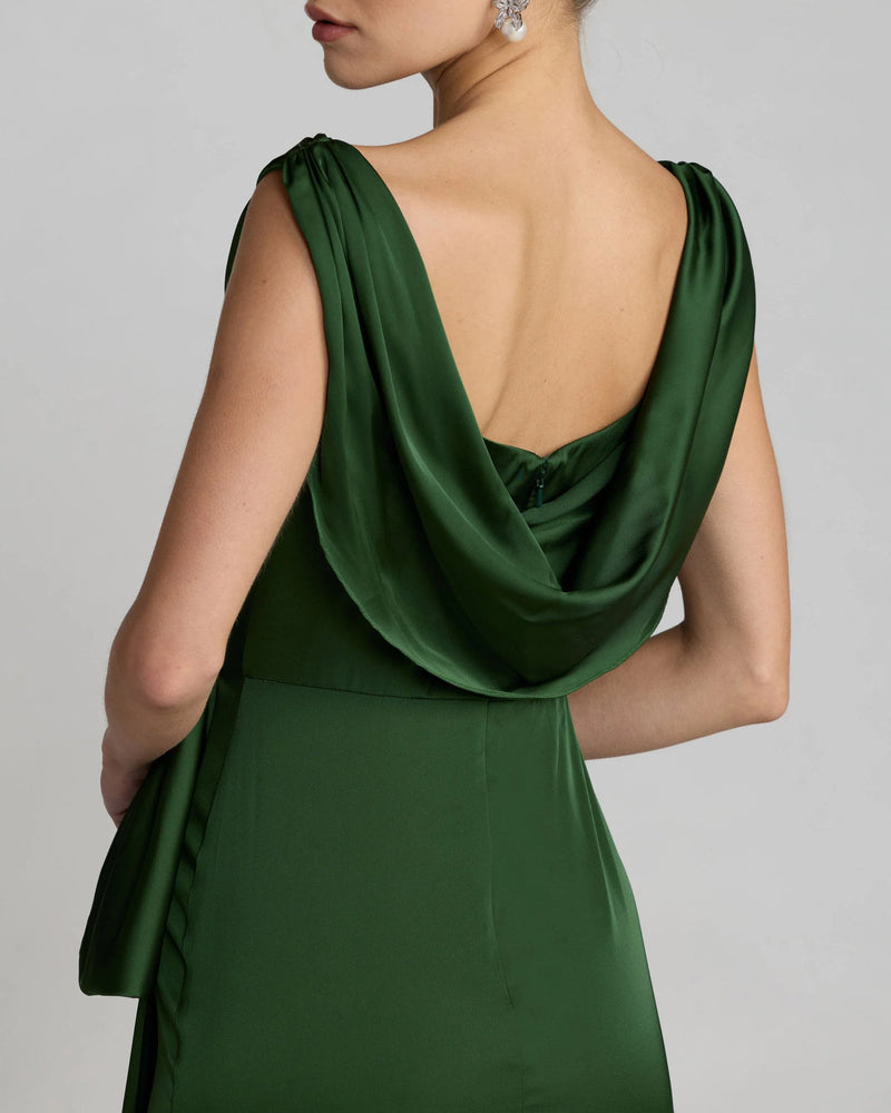 56230-Green Draped Cowl Neck Gown with Side Slit polyester evening-gowns by Mac Duggal in green for women in Singapore