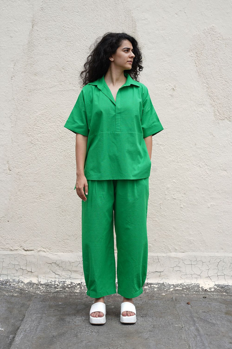 Green Ekin Shirt & Hera Cotton Co-Ord Set (2 PCS) cotton by Mati in green color for women in Singapore