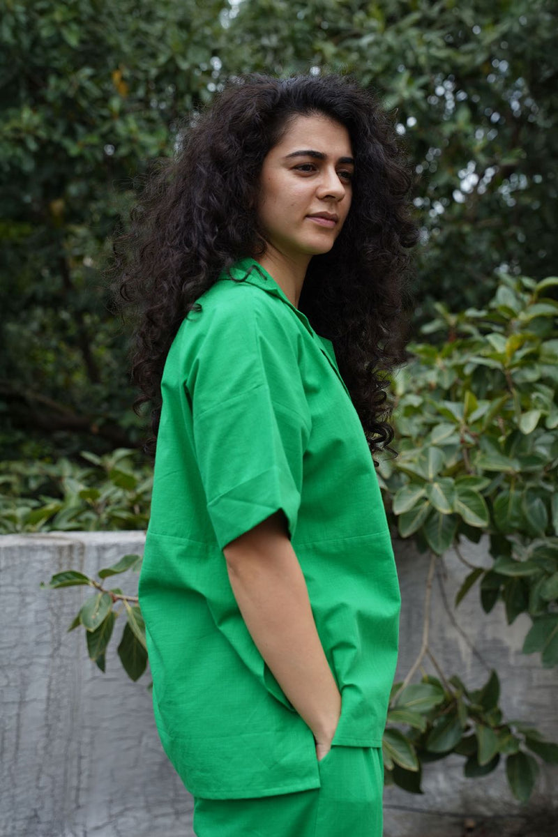 Green Ekin Shirt & Hera Cotton Co-Ord Set (2 PCS) cotton by Mati in green color for women in Singapore