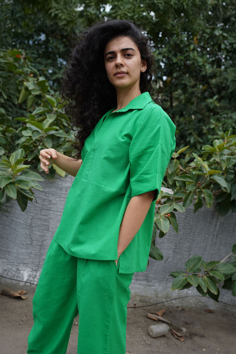 Green Ekin Shirt & Hera Cotton Co-Ord Set (2 PCS) cotton by Mati in green color for women in Singapore