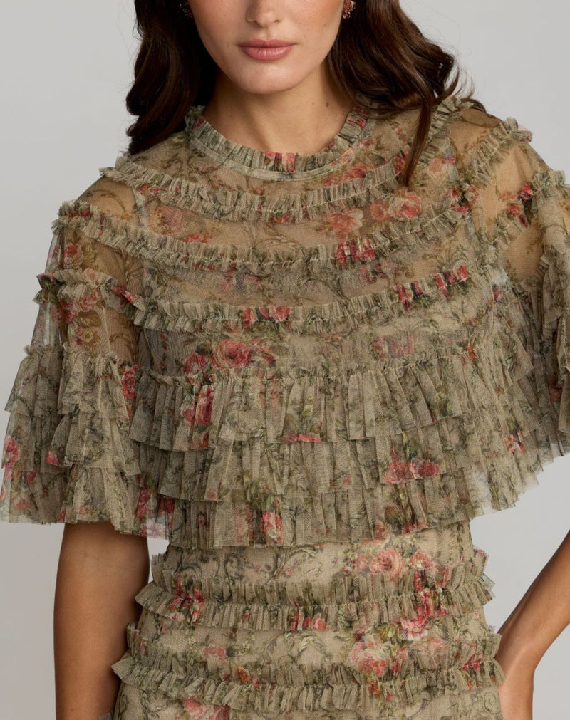 Green Floral Ruffle Midi Dress With Cape by Mac Duggal in olive color for women in Singapore