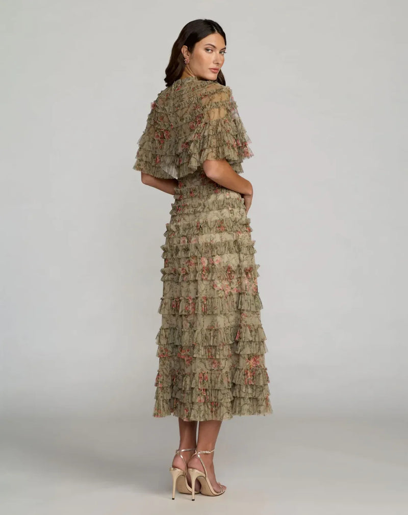 Green Floral Ruffle Midi Dress With Cape by Mac Duggal in olive color for women in Singapore