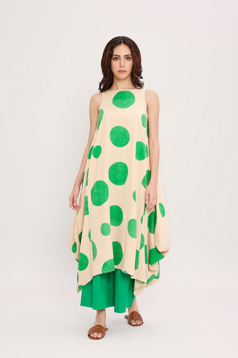 Green Hand Block Printed Polka Vari Co-ord Set (2 PCS) cotton by Mati in green color for women in Singapore