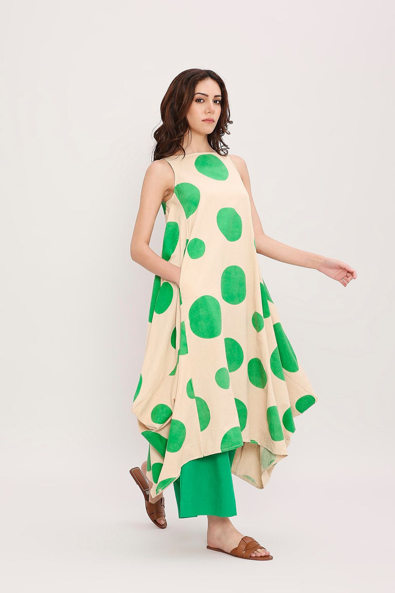 Green Hand Block Printed Polka Vari Co-ord Set (2 PCS) cotton by Mati in green color for women in Singapore