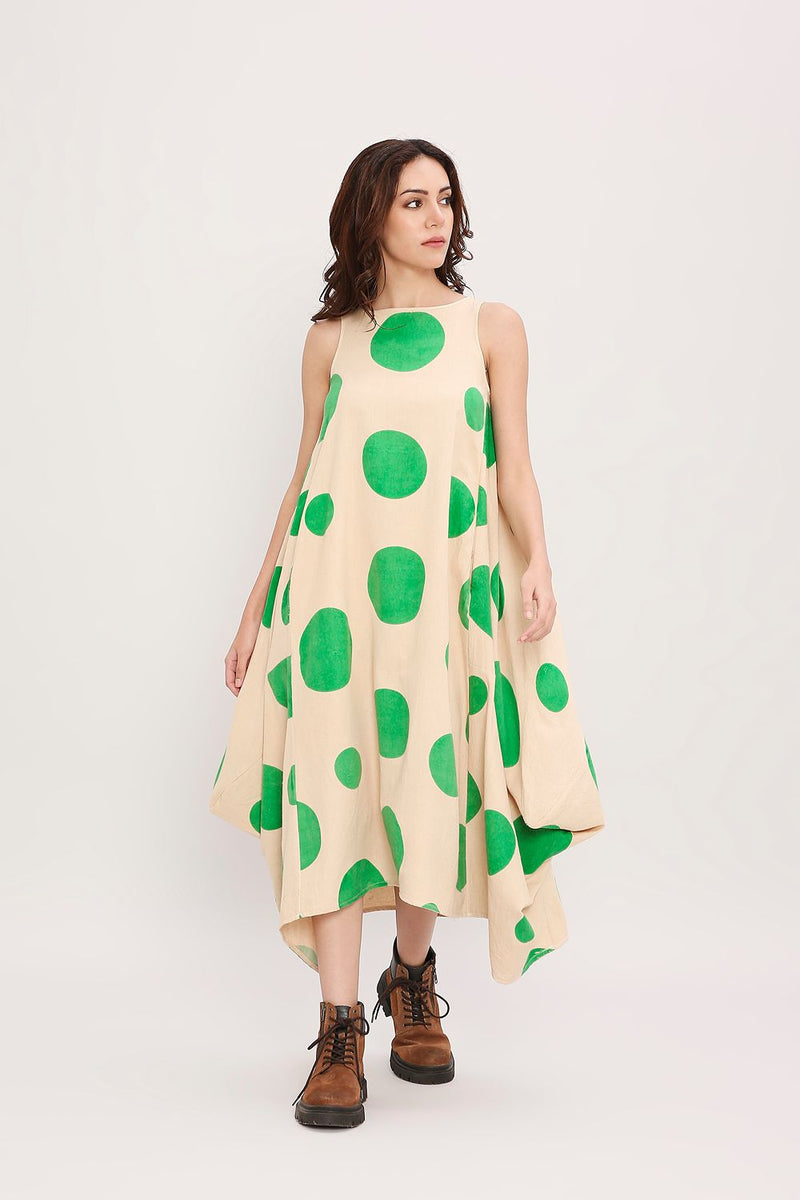Green Hand Block Printed Polka Vari Dress cotton by Mati in green color for women in Singapore