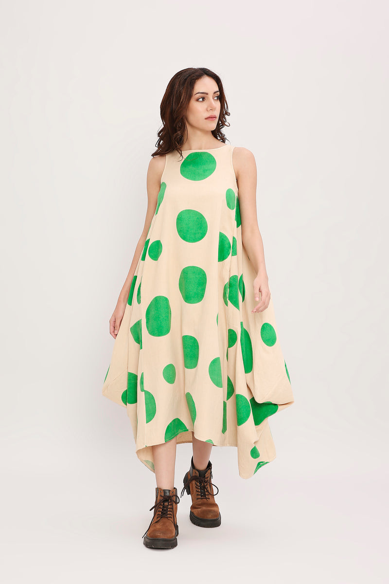 Green Hand Block Printed Polka Vari Dress cotton by Mati in green color for women in Singapore
