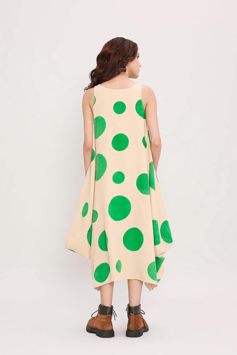 Green Hand Block Printed Polka Vari Dress cotton by Mati in green color for women in Singapore