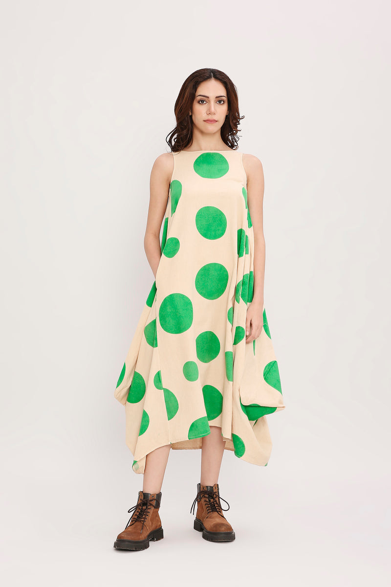 Green Hand Block Printed Polka Vari Dress cotton by Mati in green color for women in Singapore