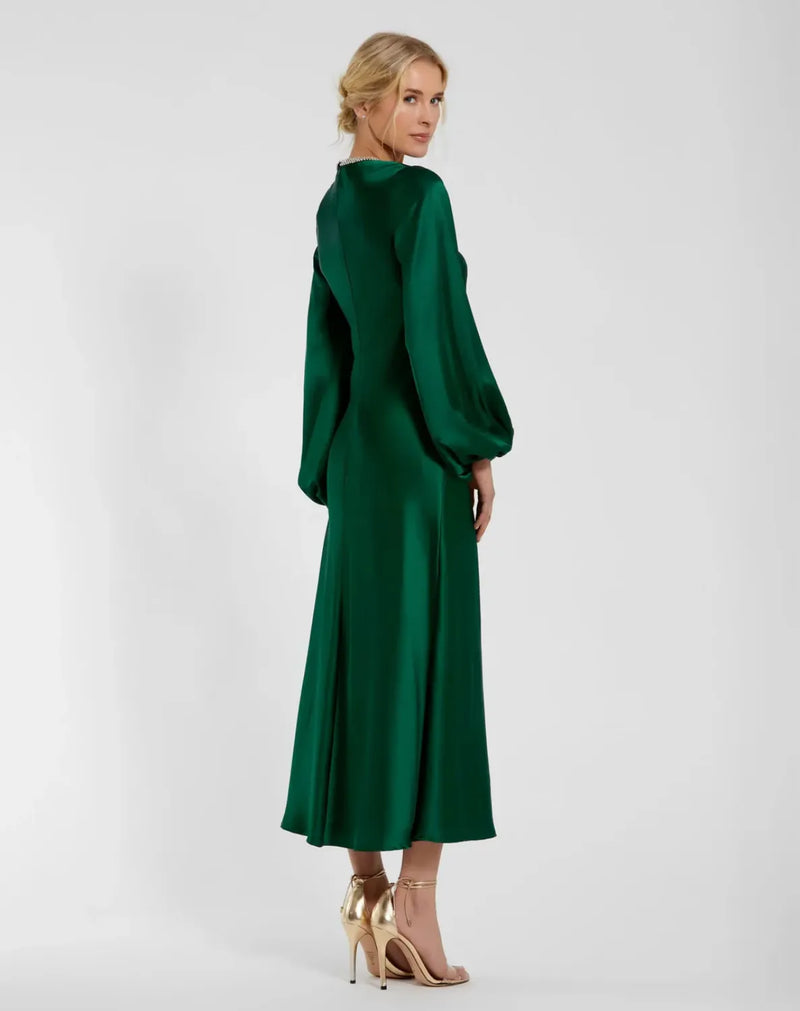 Green High Neck Long Sleeve Crystal Detail Dress satin by Mac Duggal for women in Singapore