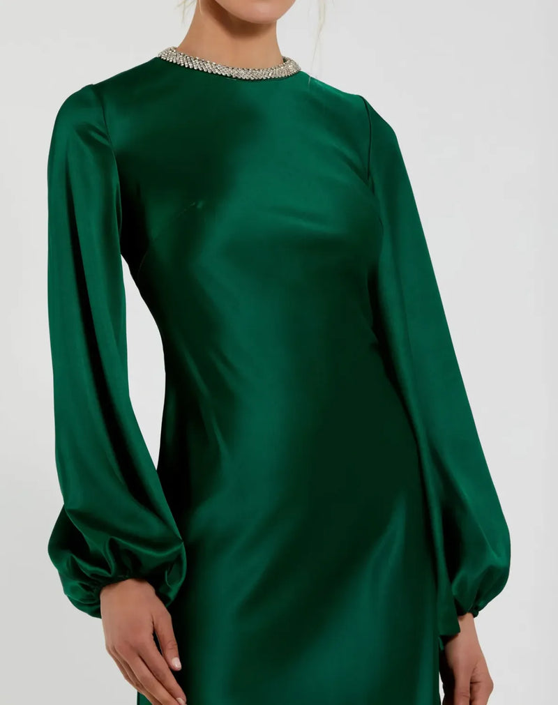 Green High Neck Long Sleeve Crystal Detail Dress satin by Mac Duggal for women in Singapore