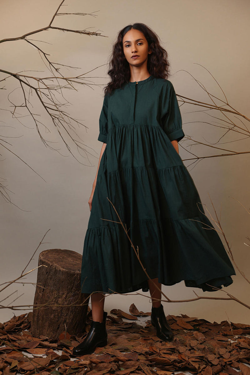 Green Raglan Tiered Dress 100% cotton by Mati in green color for women in Singapore
