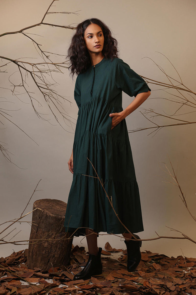 Green Raglan Tiered Dress 100% cotton by Mati in green color for women in Singapore
