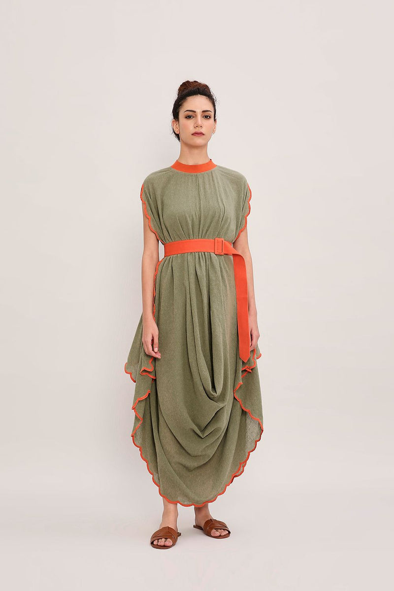 Green Ribbed Scallop Cowl Dress cotton by Mati in green color for women in Singapore