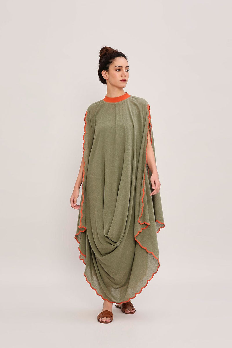 Green Ribbed Scallop Cowl Dress cotton by Mati in green color for women in Singapore