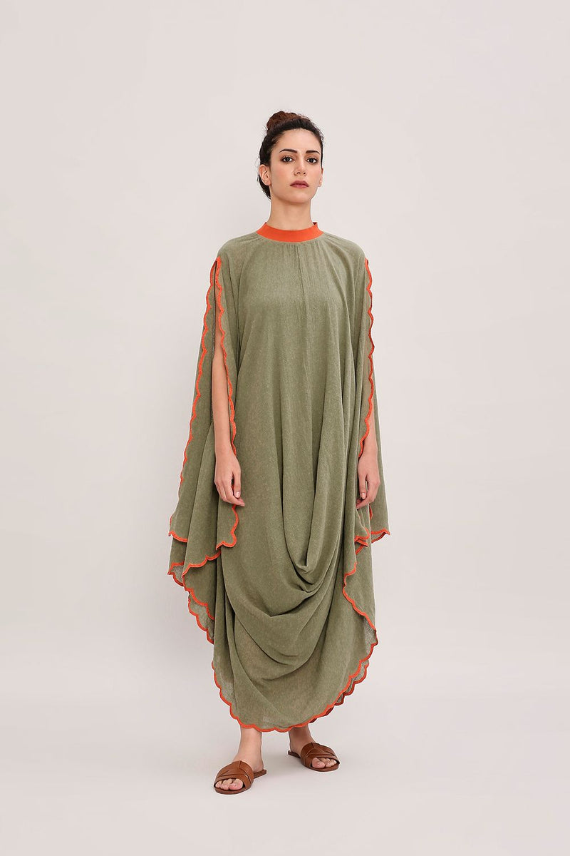 Green Ribbed Scallop Cowl Dress cotton by Mati in green color for women in Singapore