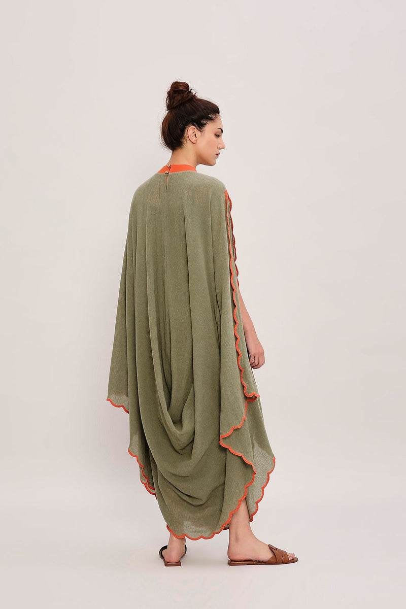 Green Ribbed Scallop Cowl Dress cotton by Mati in green color for women in Singapore