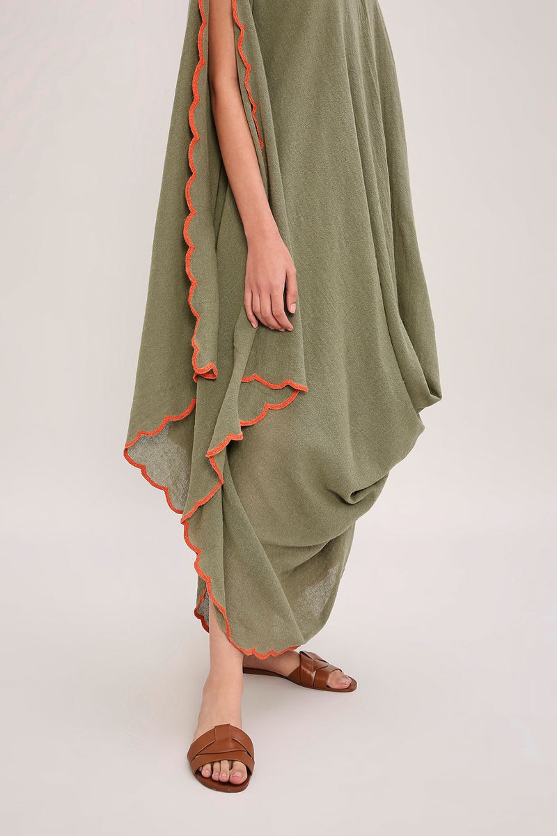 Green Ribbed Scallop Cowl Dress cotton by Mati in green color for women in Singapore