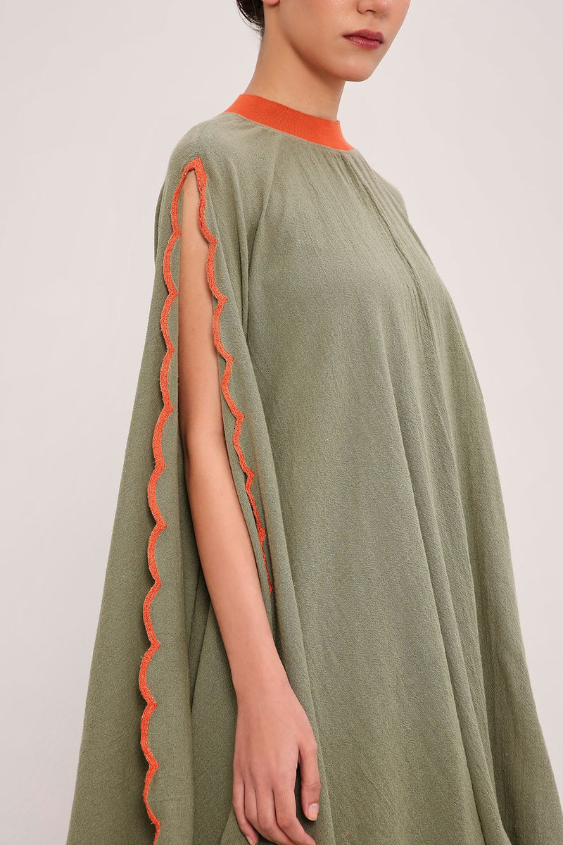 Green Ribbed Scallop Cowl Dress cotton by Mati in green color for women in Singapore