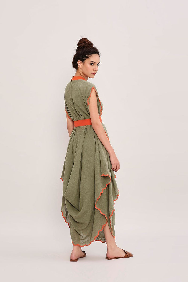 Green Ribbed Scallop Cowl Dress cotton by Mati in green color for women in Singapore