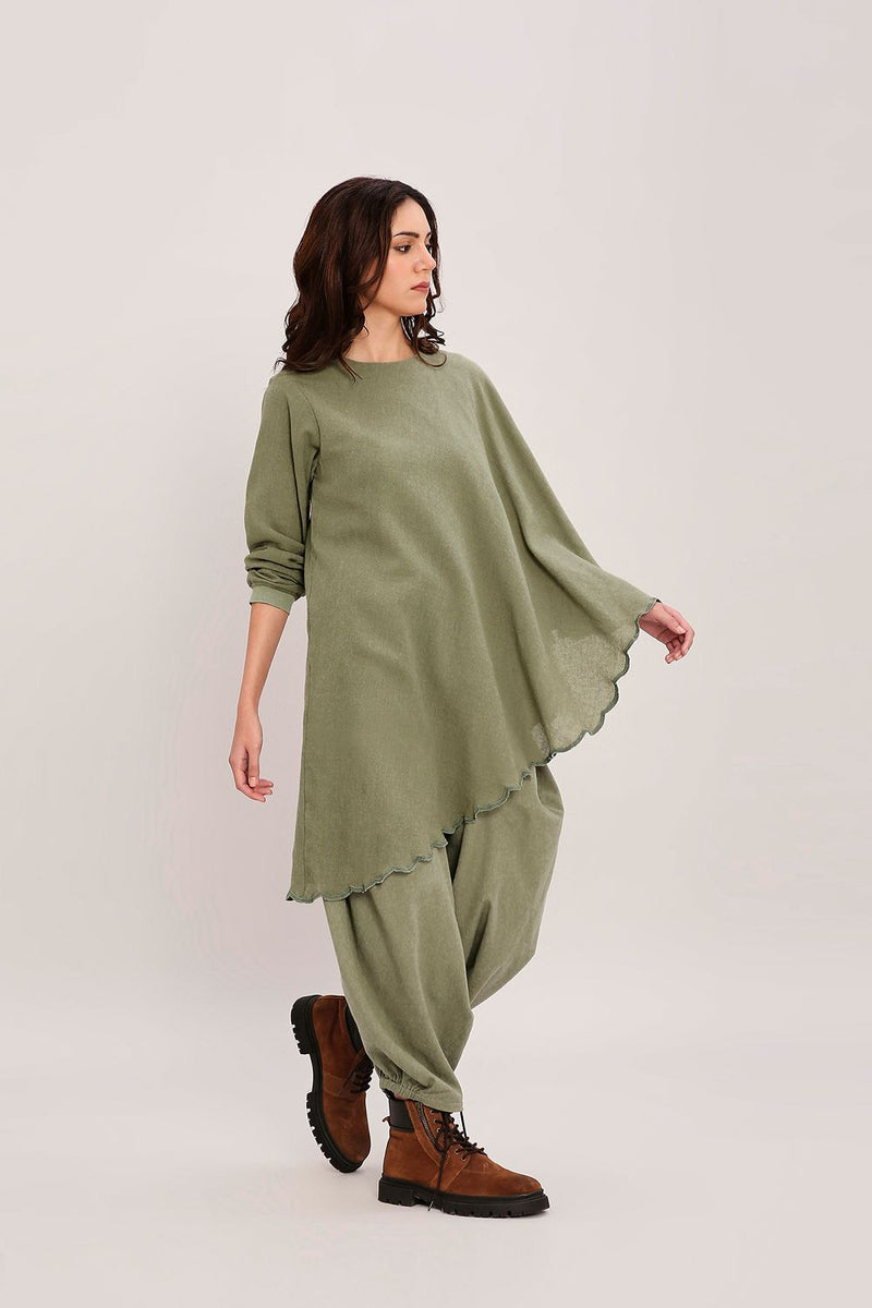 Green Ribbed Scallop Tunic Set (2 PCS) cotton by Mati in green color for women in Singapore