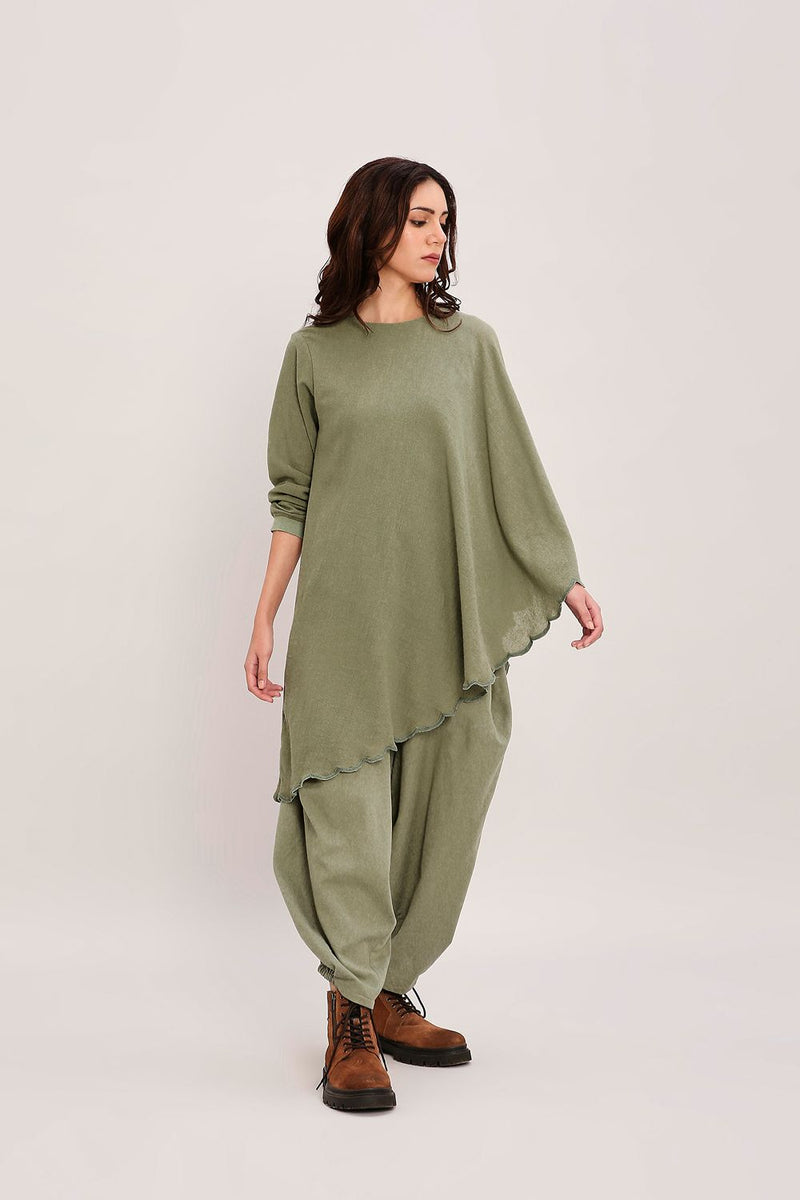 Green Ribbed Scallop Tunic Set (2 PCS) cotton by Mati in green color for women in Singapore