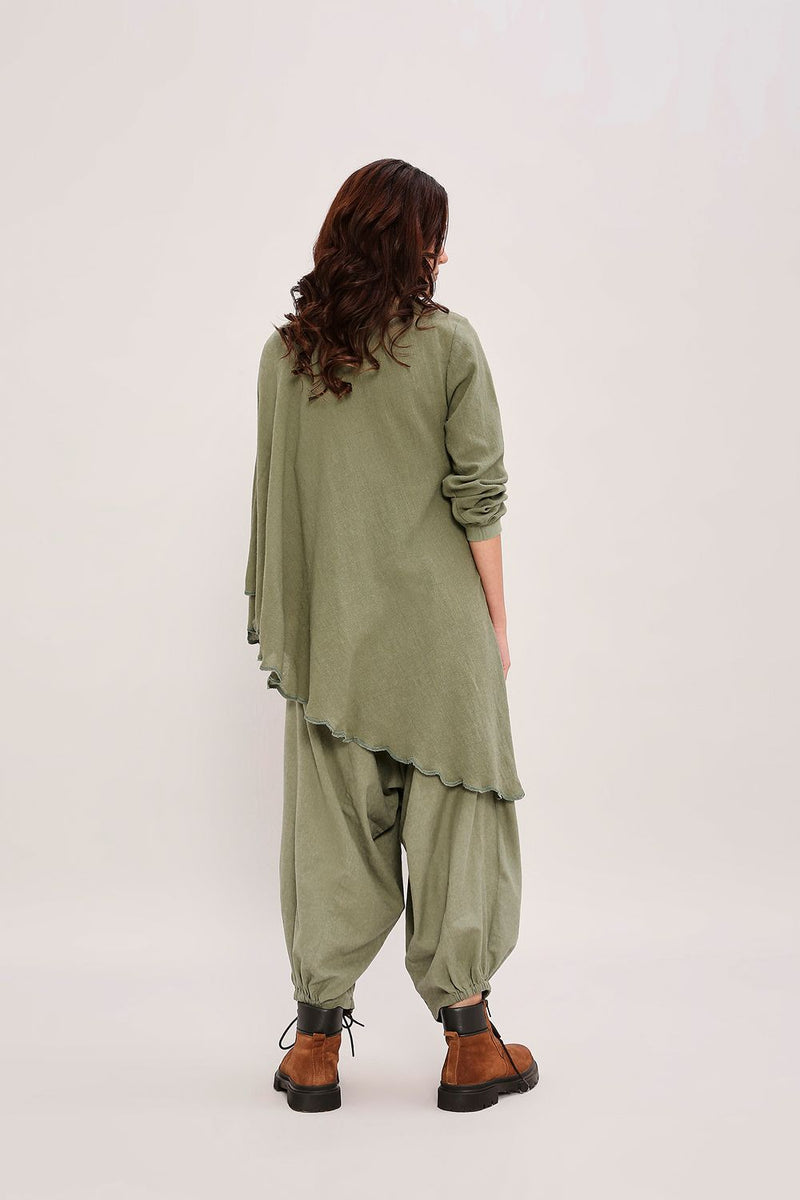 Green Ribbed Scallop Tunic Set (2 PCS) cotton by Mati in green color for women in Singapore