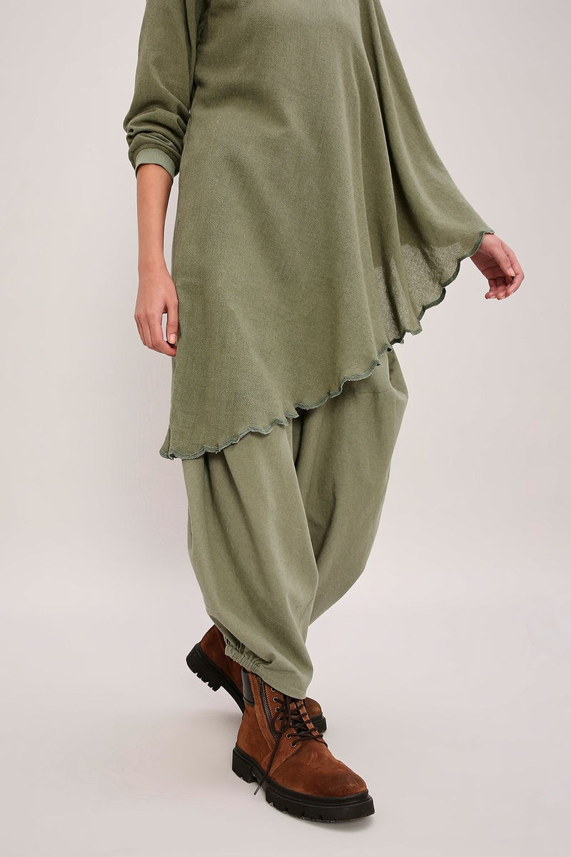 Green Ribbed Scallop Tunic Set (2 PCS) cotton by Mati in green color for women in Singapore
