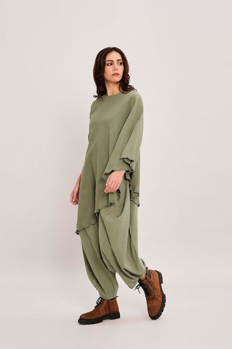 Green Ribbed Scallop Tunic Set (2 PCS) cotton by Mati in green color for women in Singapore