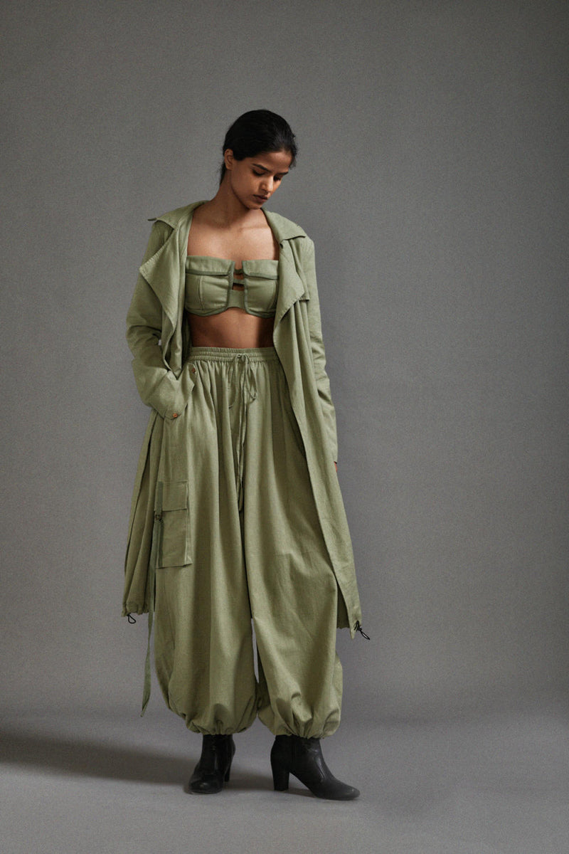 Green Safari Cargo Trench Set cotton by Mati in green color for women in Singapore