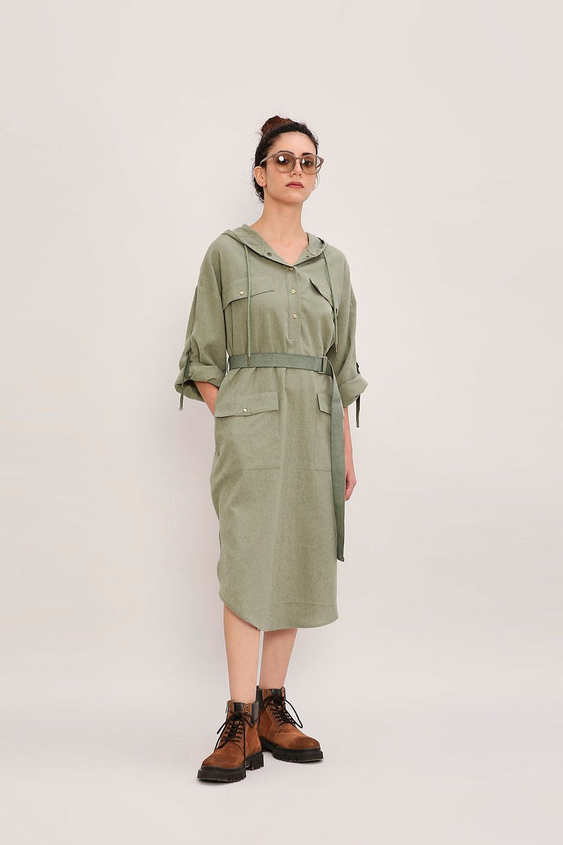 Green Safari Pocket Hooded Dress cotton by Mati in green color for women in Singapore