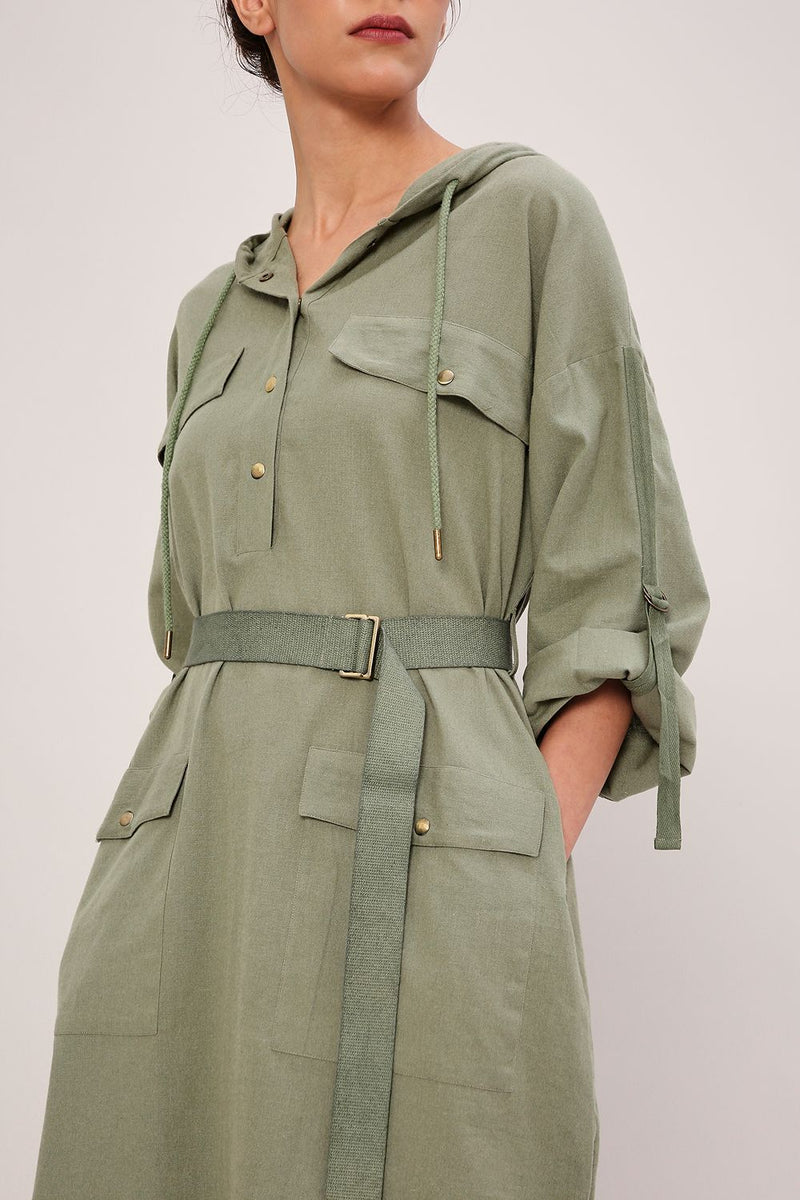 Green Safari Pocket Hooded Dress cotton by Mati in green color for women in Singapore
