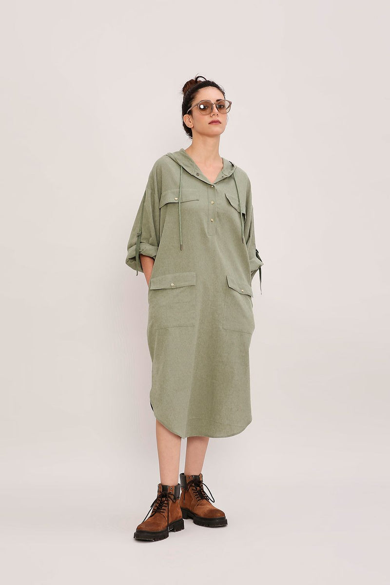 Green Safari Pocket Hooded Dress cotton by Mati in green color for women in Singapore