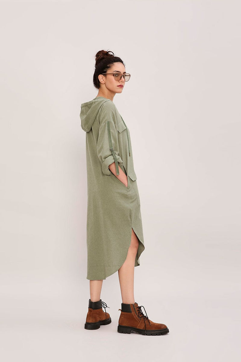 Green Safari Pocket Hooded Dress cotton by Mati in green color for women in Singapore