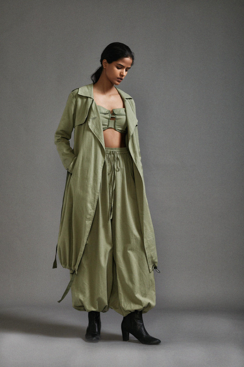 Green Safari Trench Jacket cotton by Mati in green color for women in Singapore