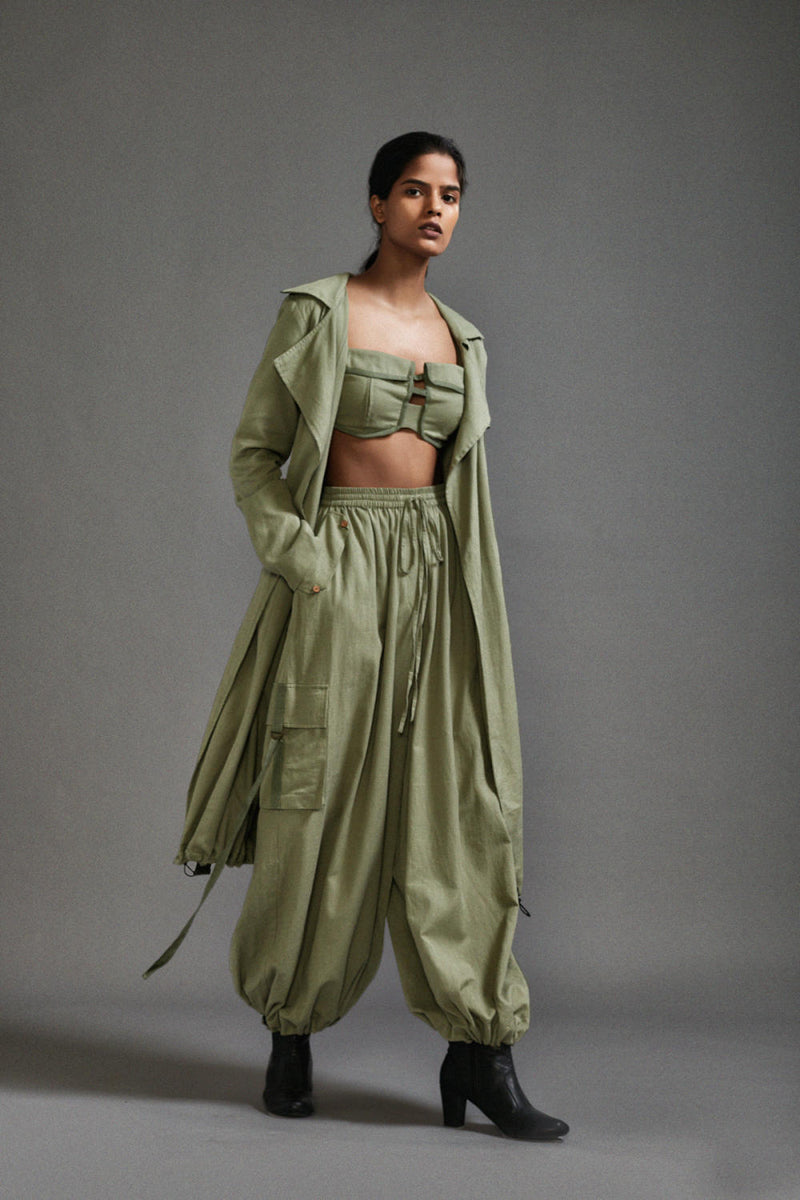 Green Safari Trench Jacket cotton by Mati in green color for women in Singapore