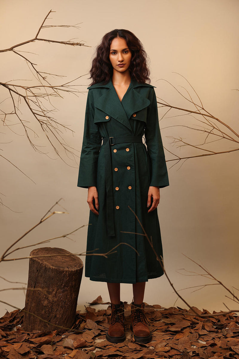 Green Trench Dress 100% cotton by Mati in green color for women in Singapore