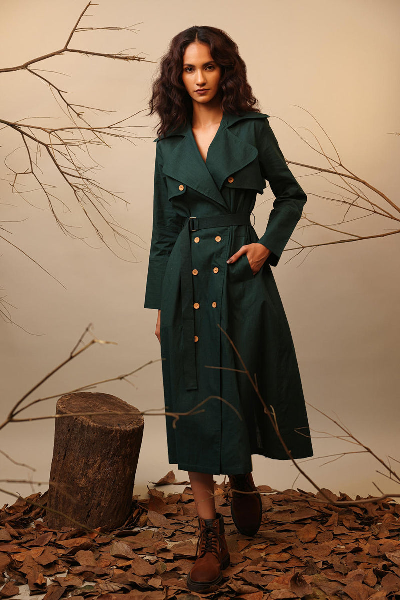 Green Trench Dress 100% cotton by Mati in green color for women in Singapore