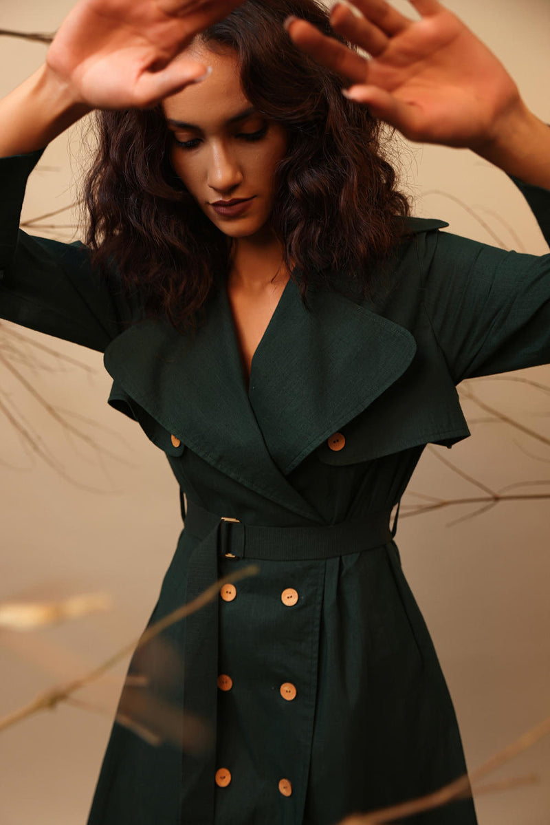 Green Trench Dress 100% cotton by Mati in green color for women in Singapore