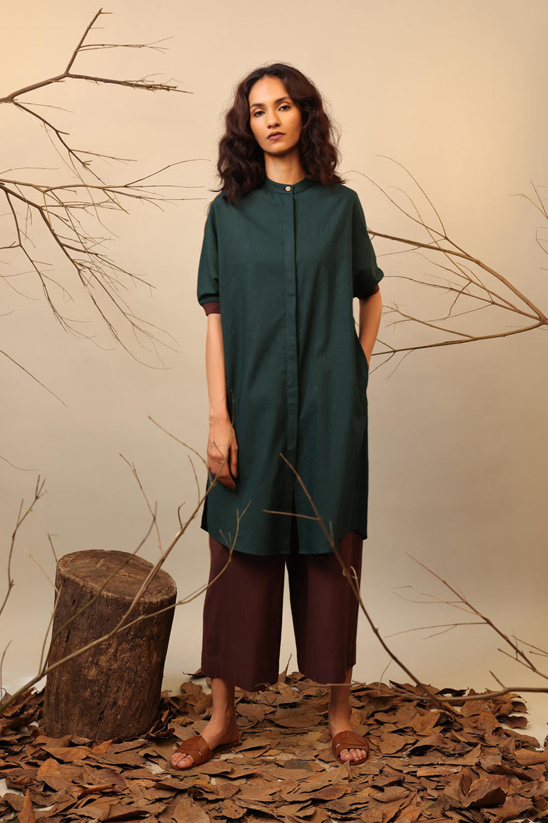 Green & Brown Shirt Tunic Set (2 PCS) 100% cotton by Mati in multi color for women in Singapore