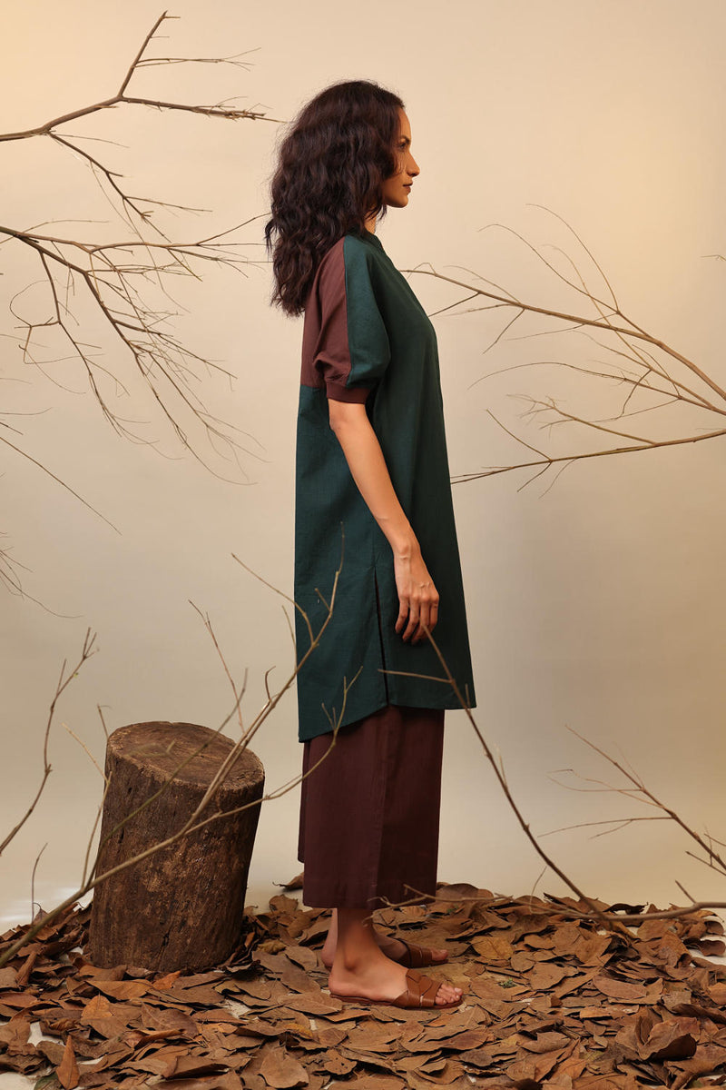 Green & Brown Shirt Tunic Set (2 PCS) 100% cotton by Mati in multi color for women in Singapore