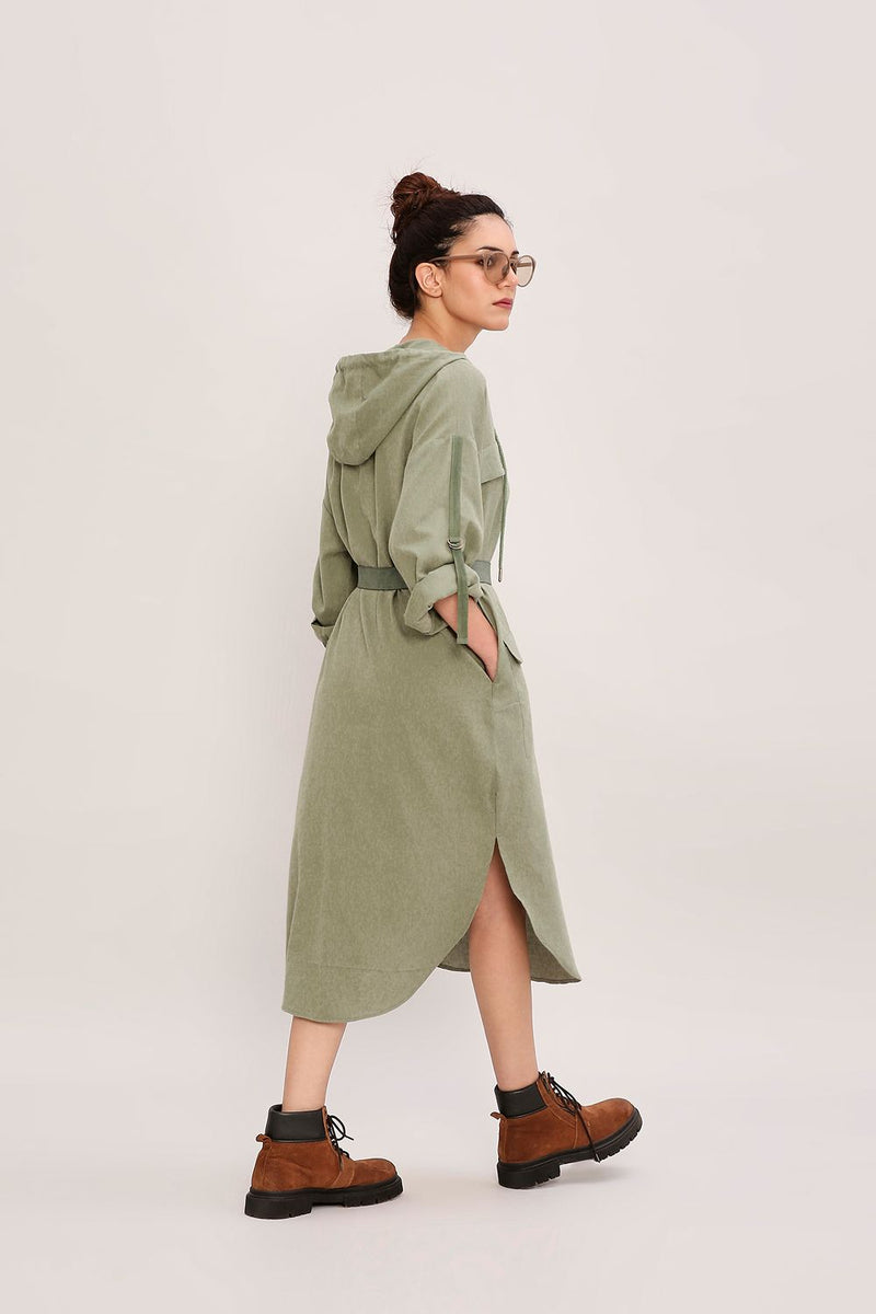 Green Safari Pocket Hooded Dress cotton by Mati in green color for women in Singapore