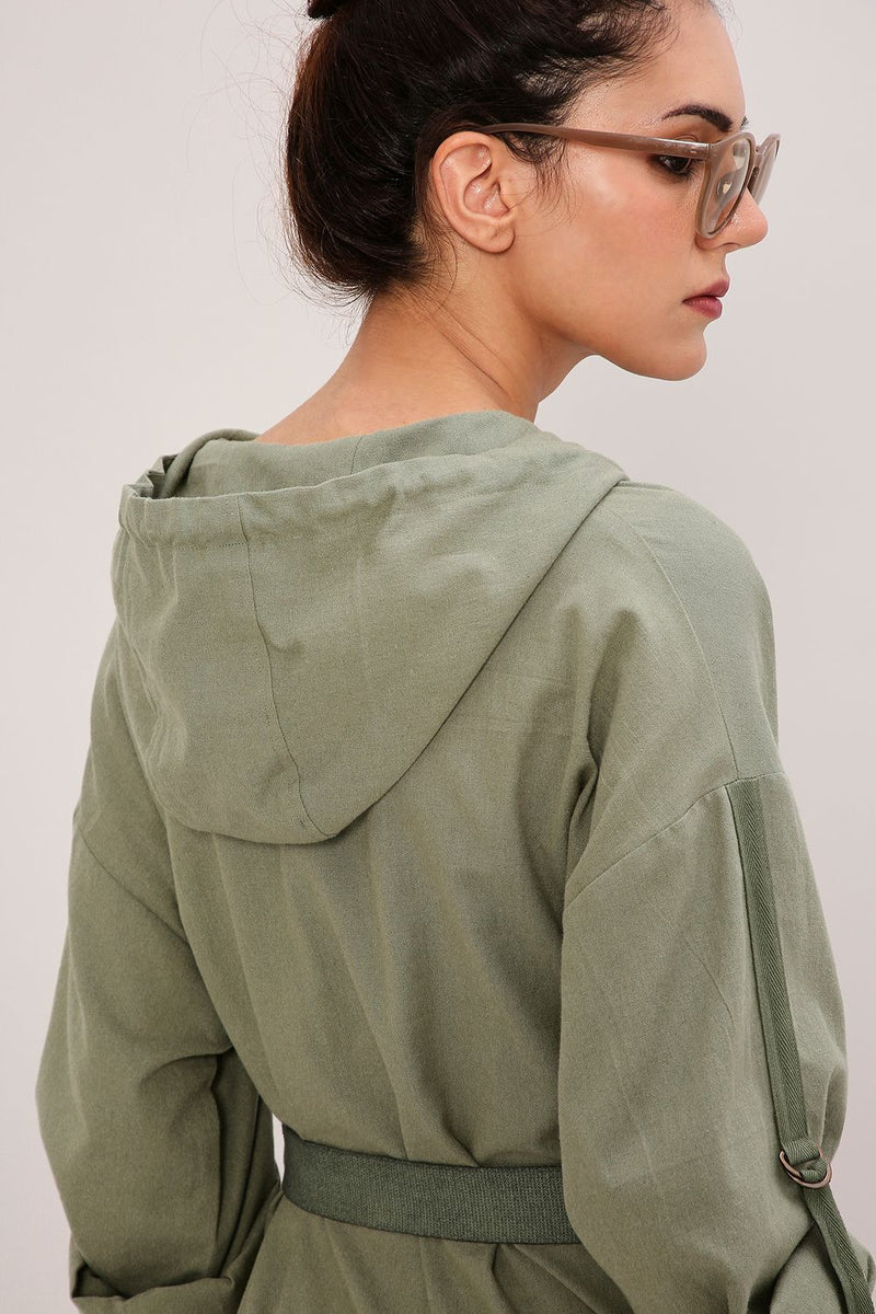 Green Safari Pocket Hooded Dress cotton by Mati in green color for women in Singapore